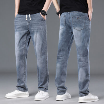 Quần Jeans Lưng Cao Co Giãn Đa Chức Năng Có Dây Rút Phong Cách Retro Dành Cho Nam, Quần Denim Lưng Cao Thẳng Co Giãn Navy BS3249-Xanh Nhạt