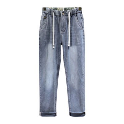Quần Jeans Lưng Cao Co Giãn Đa Chức Năng Có Dây Rút Phong Cách Retro Dành Cho Nam, Quần Denim Lưng Cao Thẳng Co Giãn Navy BS3249-Xanh Nhạt