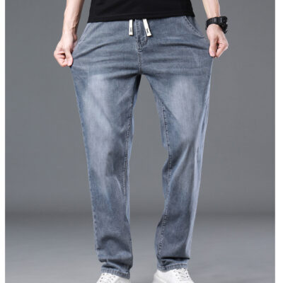 Quần Jeans Lưng Cao Co Giãn Đa Chức Năng Có Dây Rút Phong Cách Retro Dành Cho Nam, Quần Denim Lưng Cao Thẳng Co Giãn Navy BS3249-Xanh Nhạt
