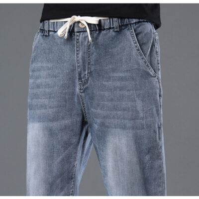 Quần Jeans Lưng Cao Co Giãn Đa Chức Năng Có Dây Rút Phong Cách Retro Dành Cho Nam, Quần Denim Lưng Cao Thẳng Co Giãn Navy BS3249-Xanh Nhạt