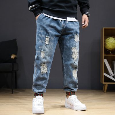 Quần Jean Rách Big Size kiểu Jogger Sành Điệu Vải Jean Mềm Co Giãn Nhẹ BS3392 Xanh